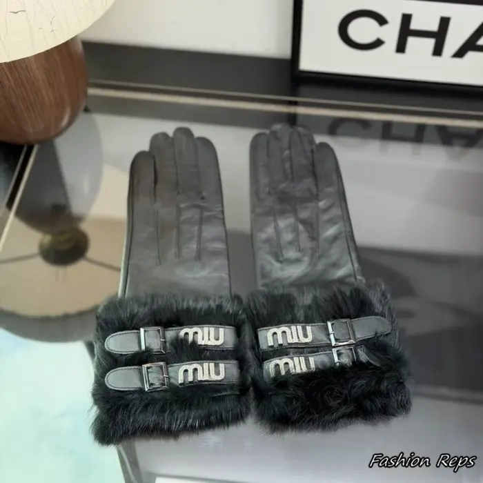 Miu Miu Double Buckle Fur Cuff Leather Gloves