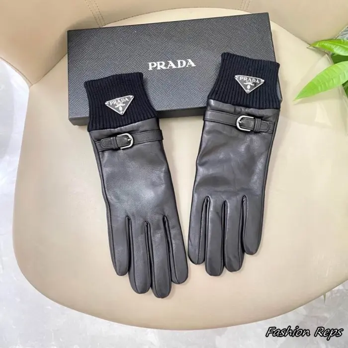 Prada D Ring Strap Buckle Leather Knit Cuff Gloves
