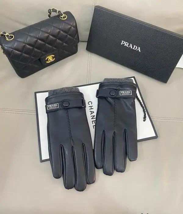 Prada Strap Buckle Leather Knit Cuff Gloves