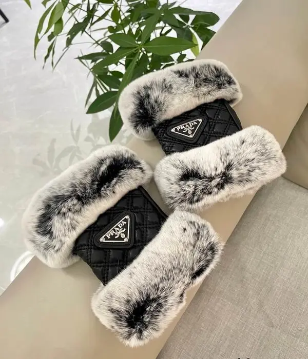 Prada Quilted Faux Fur Fingerless Mittens Gloves