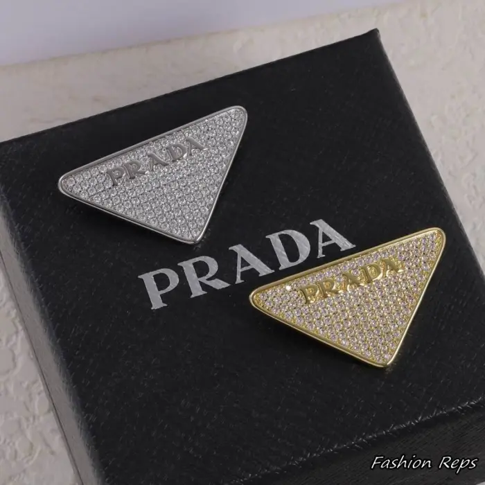 Prada Crystal Logo Brooches In 2 Colors