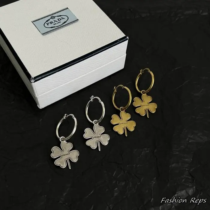 Prada Clover Charm Hoop Earrings In 2 Colors