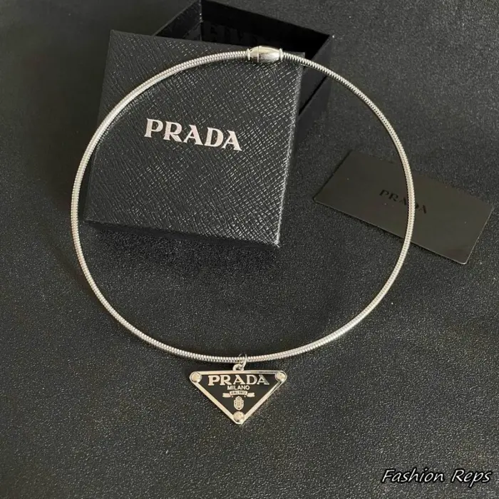 Prada Enameled Metal Triangle Pendant Choker Necklace