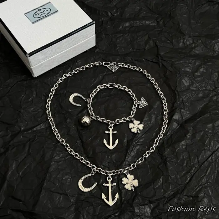 Prada Charms Chain Necklace & Bracelet Set In 2 Colors