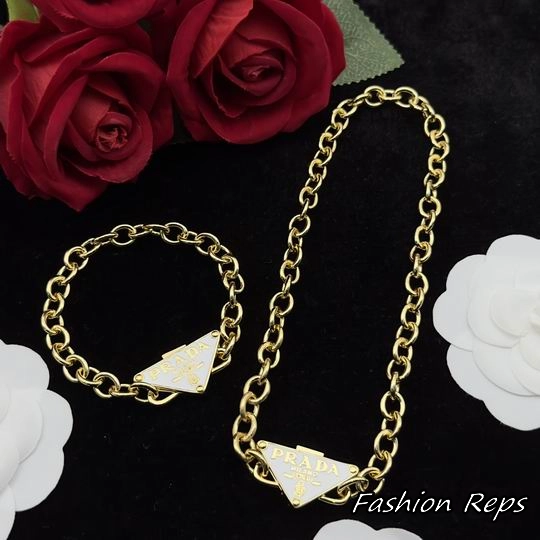 Prada Enamel Symbole Chain Necklace & Bracelet Set In 2 Colors
