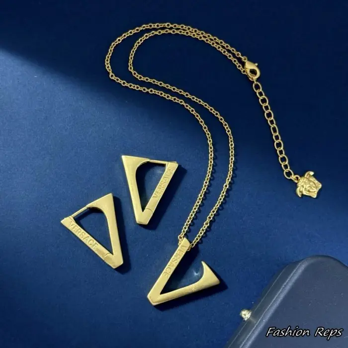 Versace Logo Engraved V Pendant Necklace & Earrings Set