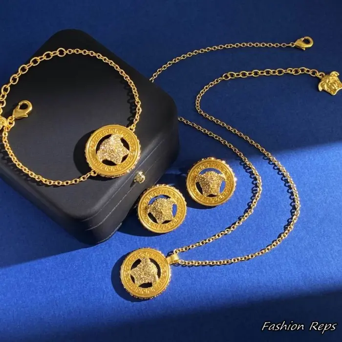Versace Crystal Iced Out Medusa Greca Necklace & Bracelet & Earrings Set