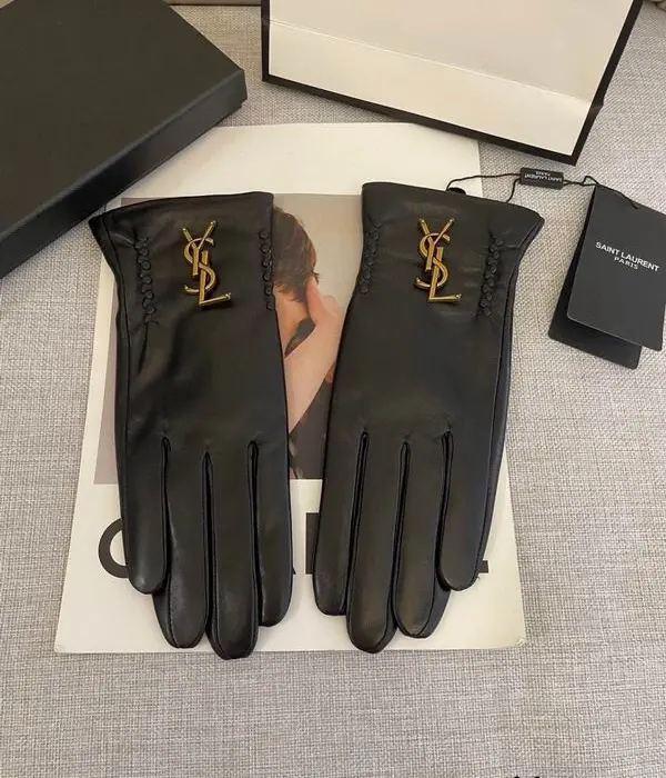 Saint Laurent Logo Braided Stitch Leather Gloves