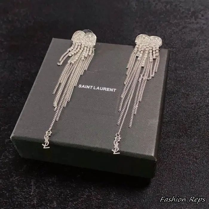 Saint Laurent Crystal Heart Tassel Drop Earrings