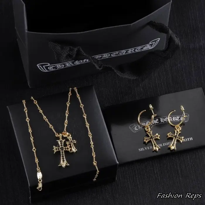 Chrome Tiny Fat CH Cross Necklace & Earrings Set