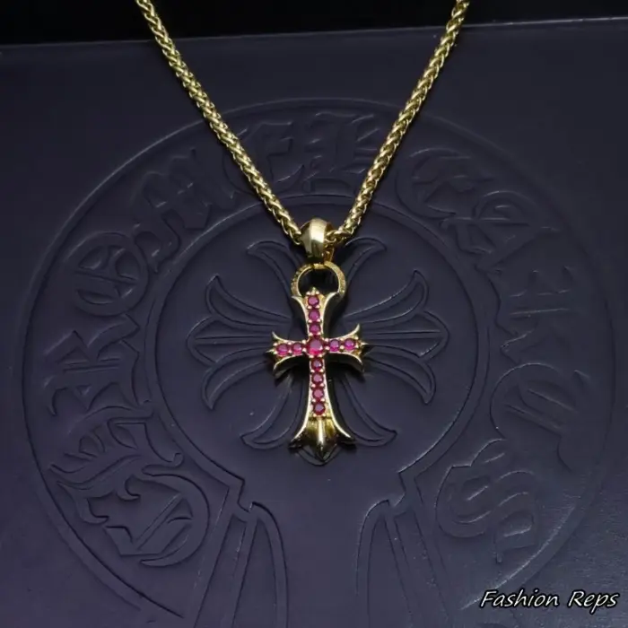 Chrome Hearts Tiny Fat CH Cross Pave Ruby Pendant Necklace